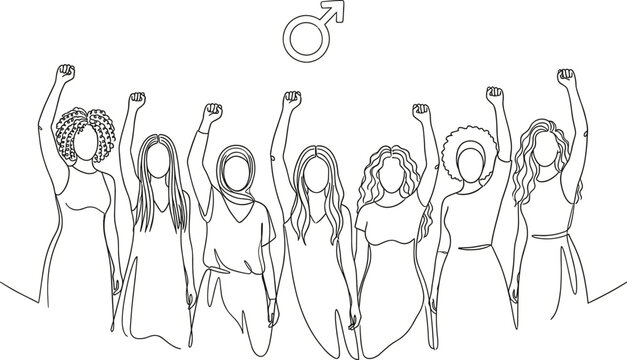 Continuous line illustration of diverse women raising fists for gender equality, feminism, empowerment, solidarity, sisterhood, protest, inclusion, human rights concept art vector