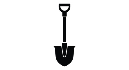 A simple black graphic depicts a garden shovel standing vertically highlighting its shape and function as a tool silhouette © ArtBySalea07