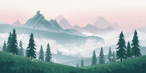 Scenic morning view of a misty mountain range featuring snowy peaks and green forest trees across a high alpine valley landscape under a cloudy sky © mahabubmorshed