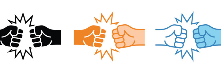 Fist bump sparks vector icon including fists colliding with lightning effects, fight and confrontation symbols, punch illustrations, and energetic action graphics for sports, gaming, and logo design. © Cynthia R. King