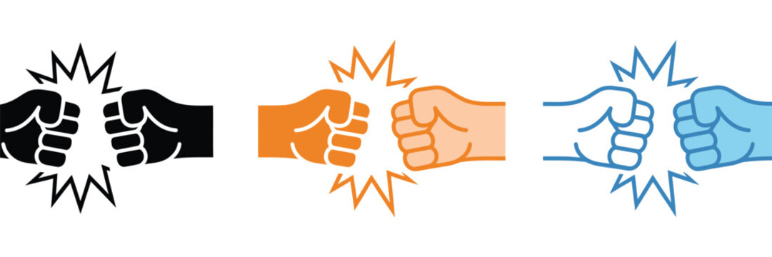 Fist bump sparks vector icon including fists colliding with lightning effects, fight and confrontation symbols, punch illustrations, and energetic action graphics for sports, gaming, and logo design.