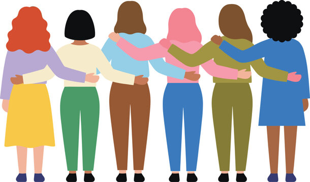 Diverse women standing together with arms around shoulders symbolizing unity solidarity friendship inclusion empowerment equality community support illustration concept social diversity awareness