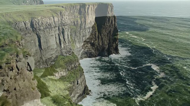 View of a dramatic cliff face meeting the ocean with waves crashing. Green grass at top and bottom