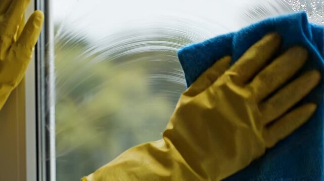Person wearing yellow gloves cleaning a soapy window with a blue cloth, with greenery visible in the background, possibly for advertising or illustrating cleaning services