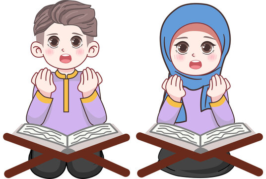 Muslim children praying and reading the Quran in vector illustration.