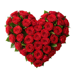 A heart-shaped arrangement of vibrant red roses on a white background