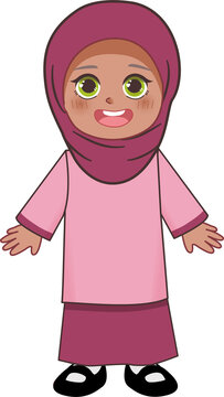 A cartoon illustration of a young girl wearing a pink hijab and tunic.