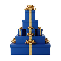 Stack of blue and gold gift boxes with decorative ribbons and bows