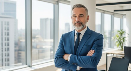 Fototapeta premium Confident business man standing in a modern office with a city view