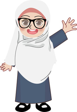 An animated character wearing glasses and a hijab waves happily.