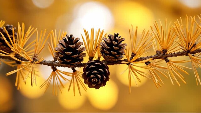 Golden larch branch with cones in autumn breeze: closeup nature scene capturing seasonal change