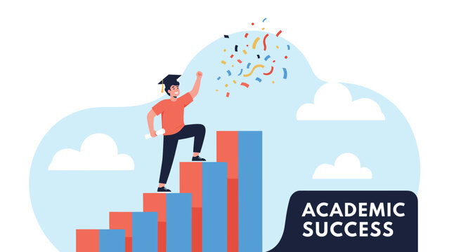 Graduate student in cap and gown celebrating on top of a rising bar chart representing academic success and growth.