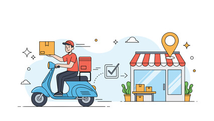 Naklejka premium Courier on a blue scooter delivering a package to a local store with a location pin and checkmark for verified service.