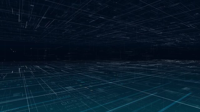 Abstract digital grid perspective with glowing data lines forming a futuristic virtual space, designed for technology presentations, data visualization, and corporate innovation backgrounds.