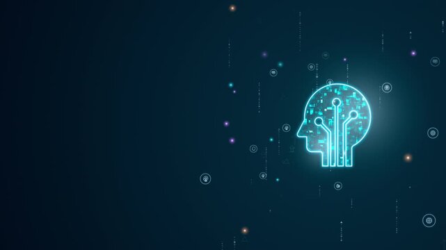 Glowing human head silhouette with digital circuits symbolizing artificial intelligence, data processing, and advanced technology for innovation, science, and future tech communication.