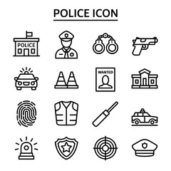 Police icons set badge handcuffs firearm and patrol car symbols © firoj