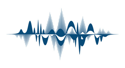 An abstract representation of a sound wave featuring peaks and valleys in a deep blue tone as a silhouette © ArtBySalea07