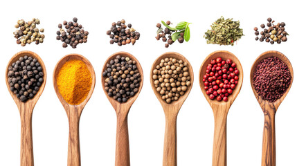 Variety of vibrant spices displayed in wooden spoons arranged on transparent surface