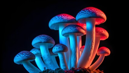 Conceptual food photography of shimeji mushrooms in dramatic blue and red neon lighting against black background, minimal composition, suitable for futuristic food, science or psychedelic themes. See 