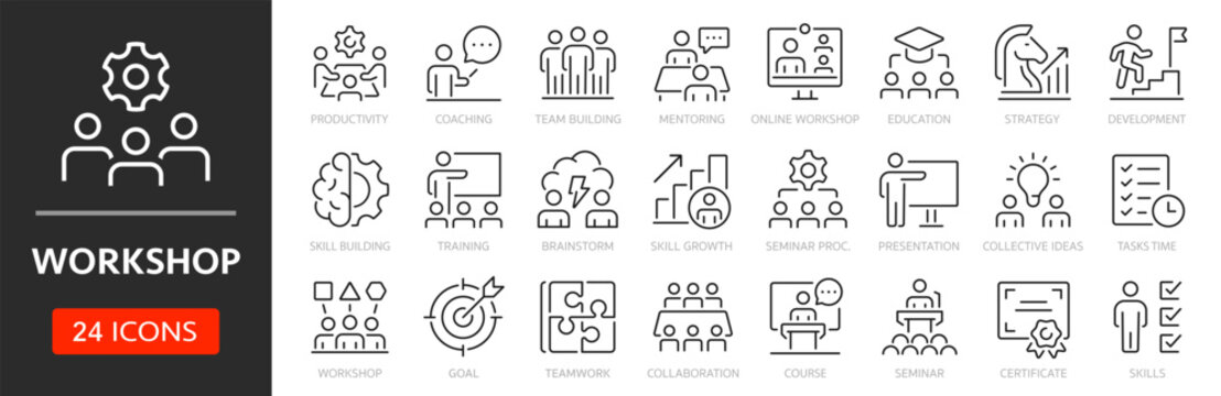 Workshop line icon set. Editable Stroke. Training, teamwork, coaching, goals, education, skill, seminar - stock vector.