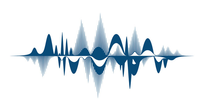 An abstract representation of a sound wave featuring peaks and valleys in a deep blue tone as a silhouette