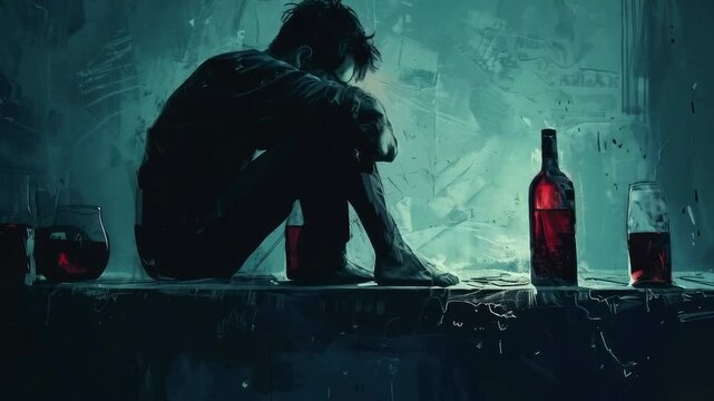 A dark room with a lone person surrounded by bottles conveys despair and addiction, highlighting the problem of alcoholism. It is used as the main backdrop for social campaigns against harmful habits.
