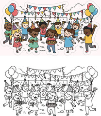 Fototapeta premium Cartoon Illustration and Coloring Page for a Happy Children's Pizza Party Celebration with Balloons and Party Hats