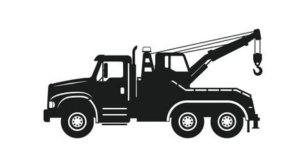 A stark monochromatic depiction of a tow truck with a raised crane arm showcasing its mechanical structure silhouette