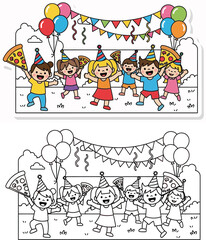 Naklejka premium Happy Kids Pizza Party Celebration with Balloons Cartoon Illustration and Coloring Page for Children