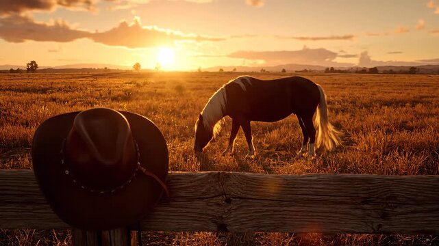 Western sunset vista: a lone cowboy hat rests on rustic fence as a horse grazes peacefully