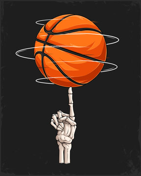 Spooky skeleton hand spinning a glowing basketball, for edgy March Madness event college hoops, late‑night tournament hype designs.
