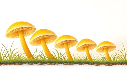 Digital banner with stylized yellow mushroom caps arranged in a row at the bottom on a white background. Bright, high-contrast design, soft texture, copy space. Decorative and modern look See Less
