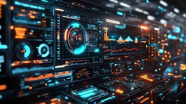 Displays show data analysis in a high-tech lab during evening hours with bright lights