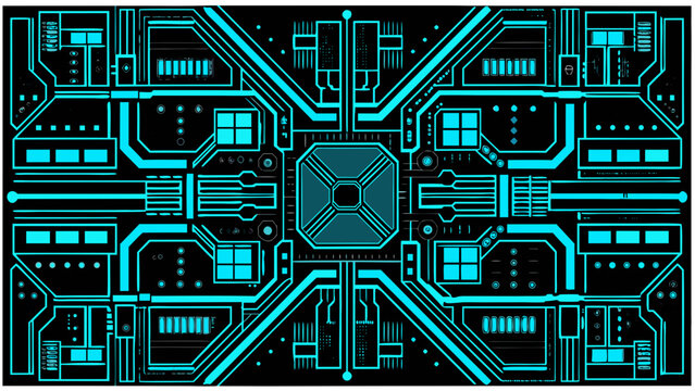 Symmetrical cyan circuit board pattern with a central processing unit design