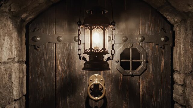 Close-up of a dimly lit wooden door in a stone archway, with a lantern hanging above