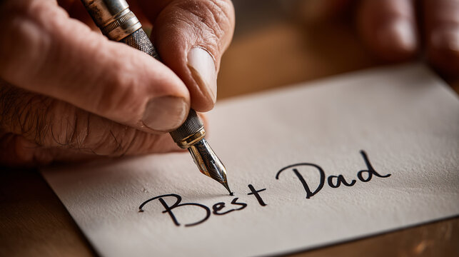 xtreme close-up of faceless hands using a fountain pen to write "Best Dad" on a thick cardstock greeting card, Father's Day Message, focus on the ink and paper texture, warm ambien