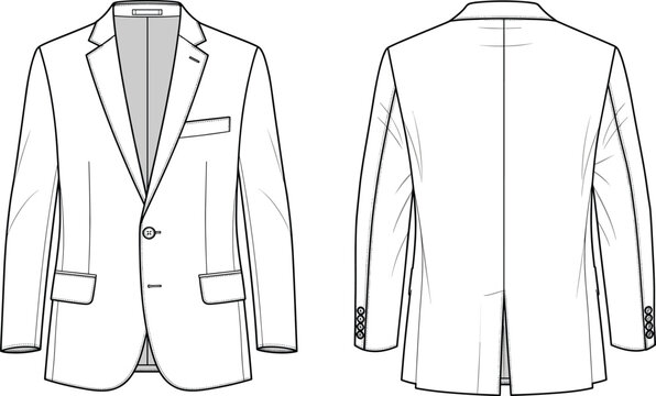 Men blazer flat sketch vector. Front and back technical jacket drawing with tailoring details, fashion template outline for apparel design.