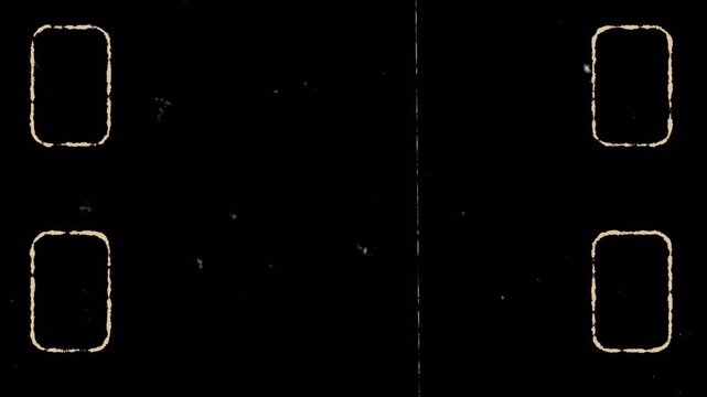 Black background with four sprocket holes showing a frame Super 8 film with Film Light Leak Grain and Real 8mm Film Light Leaks, captured from a real film scan of a Real 8 mm format and Real. 4K Video