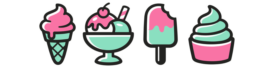 Fototapeta premium Collection of stylized ice cream treats in pastel pink and mint green colors