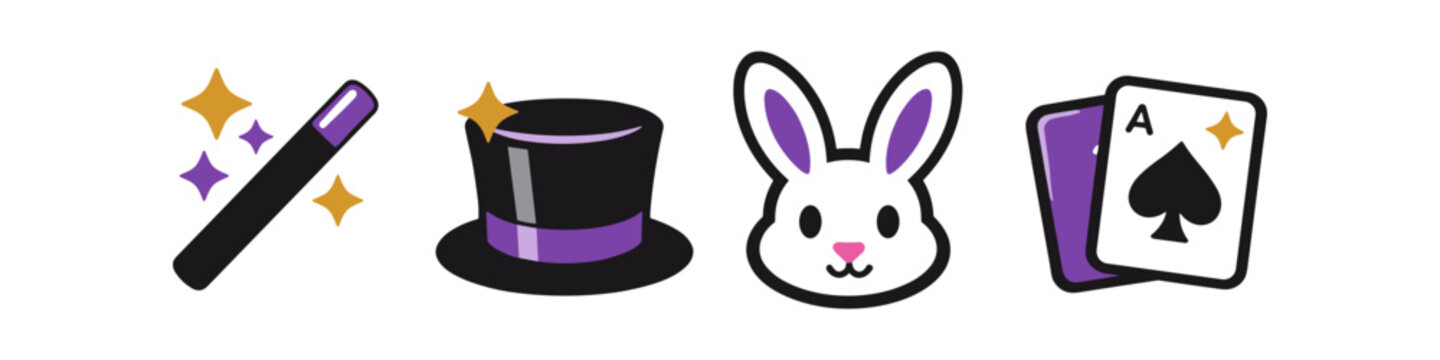 Magic show icons: wand, top hat, rabbit, and playing cards with ace of spades