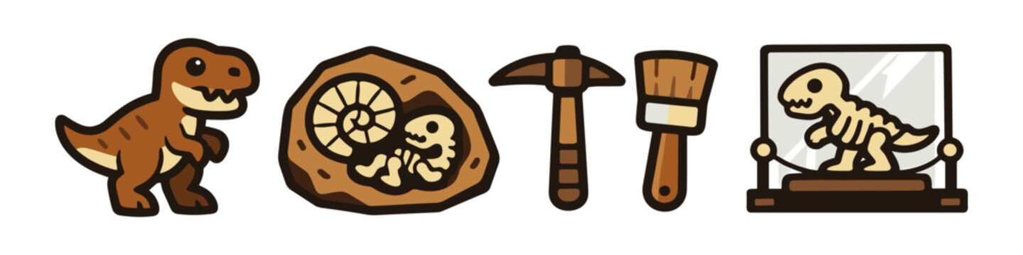Cute cartoon dinosaur fossils and paleontologist tools in a simple illustration