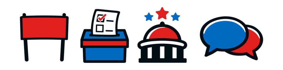 Fototapeta premium Collection of political icons representing voting, government, and discussion in red and blue