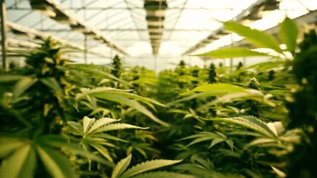 Vast commercial greenhouse cultivates vibrant cannabis plants. Lush green leaves and developing flower buds thrive under controlled conditions,