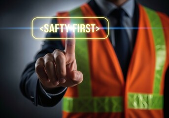 Fototapeta premium Man in Safety Vest Touching Safety First Button.