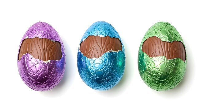 Three chocolate easter eggs wrapped in colorful foil
