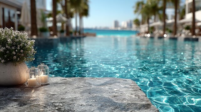 empty stone surface blurred background of a luxury swimming pool