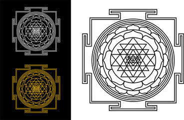 Fototapeta premium Shiva Yantra Sacred Geometry Mandala Black and White Illustration. Shiva Yantra sacred geometry mandala in precise black and white line art. Spiritual symbolic illustration for meditation decor, engra