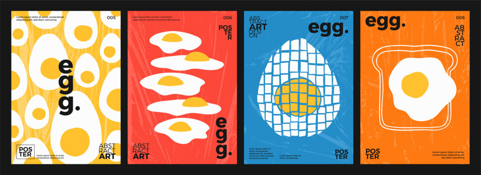 Colorful posters set of egg. Minimalist abstract illustrations with fried eggs, cooked and cut eggs, bread, texture. Modern design background for kitchen wall art, restaurant menu decoration, cover
