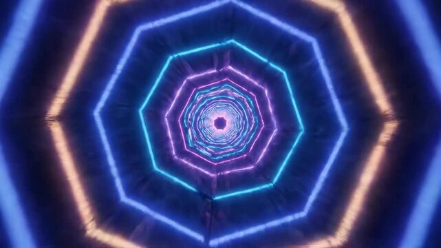 Futuristic sci-fi tunnel featuring glowing blue and pink neon lights. Geometric octagonal corridor with high-speed motion effect, warp portal