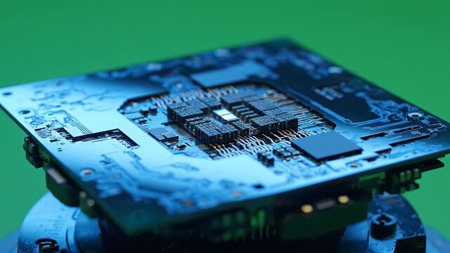A close-up view of a circuit board illuminated with cool tones, set against a green gradient